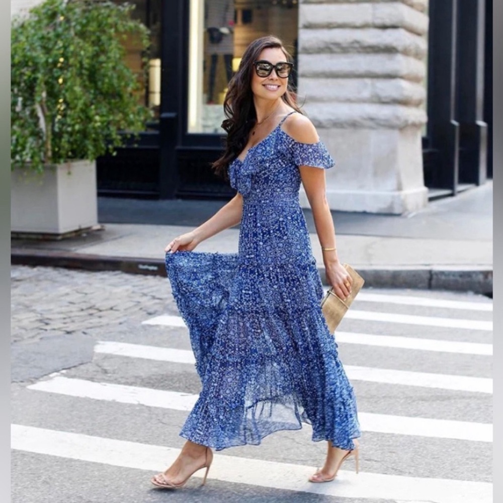 MISA Los Angeles "Elodie" blue floral cold-shoulder maxi dress Size XS